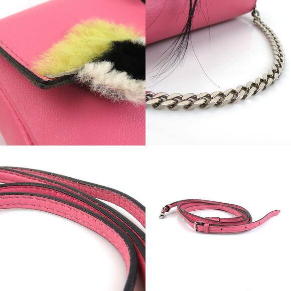 FENDI Baguette Crossbody Shoulder Bag Leather Fur Pink Multicolored Silver
